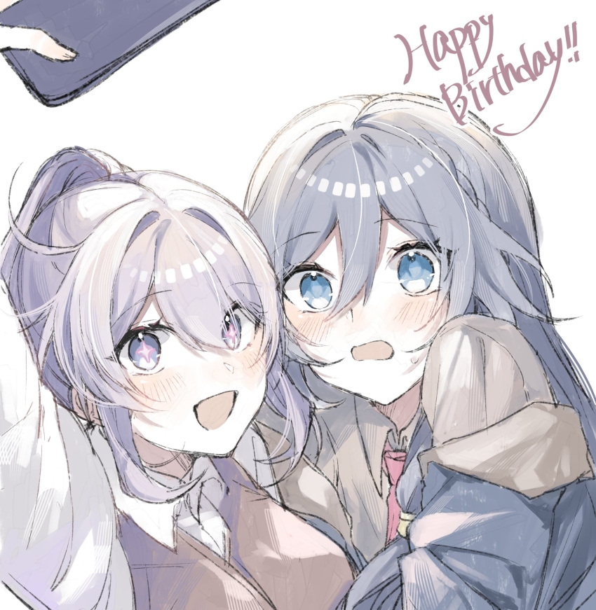 2girls alternate_costume black_shirt blue_eyes blue_hair blue_jacket blush diamond-shaped_pupils diamond_(shape) fu_hua grey_hair hair_between_eyes happy happy_birthday high_ponytail highres honkai_(series) honkai_impact_3rd jacket kiana_kaslana kiana_kaslana_(herrscher_of_finality) long_hair long_sleeves looking_at_phone multiple_girls necktie off_shoulder open_clothes open_jacket open_mouth phone pink_necktie pink_pupils ponytail rino_ebe selfie shirt sleeveless sleeveless_shirt star-shaped_pupils star_(symbol) symbol-shaped_pupils white_hair white_shirt white_sleeves