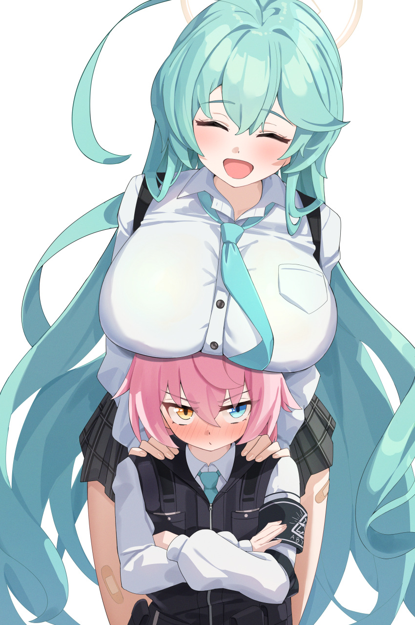 2girls ^_^ absurdres ahoge aqua_hair aqua_necktie armband band_(skymole01) bandaid bandaid_on_leg black_armband black_skirt blue_archive blush breast_rest breasts breasts_on_head bulletproof_vest chest_harness closed_eyes crossed_arms halo hands_on_another's_shoulders harness heterochromia highres hoshino_(blue_archive) hoshino_(young)_(blue_archive) huge_ahoge huge_breasts long_hair looking_up miniskirt multiple_girls necktie nose_blush pink_hair plaid plaid_skirt pleated_skirt school_uniform shirt simple_background skirt smile very_long_hair white_background white_shirt yume_(blue_archive)
