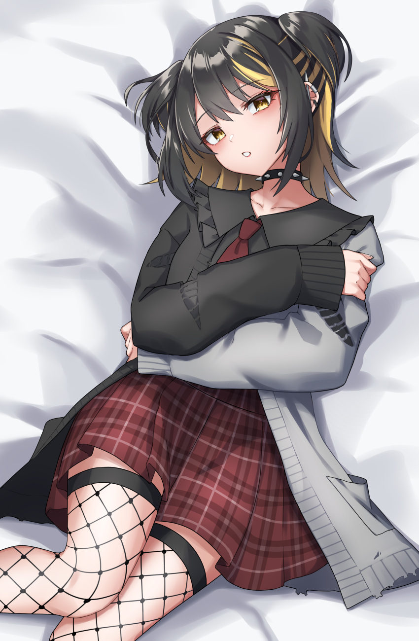 1girl :o absurdres bed_sheet black_hair black_shirt blonde_hair camellia_90 cardigan choker collarbone ear_piercing earrings feet_out_of_frame fishnet_thighhighs fishnets frilled_sailor_collar frills highres idolmaster idolmaster_shiny_colors ikaruga_luca jewelry looking_at_viewer lying multicolored_hair on_back piercing plaid plaid_skirt red_skirt sailor_collar shirt skirt solo spiked_choker spikes streaked_hair thighhighs two-tone_cardigan two-tone_hair two_side_up yellow_eyes