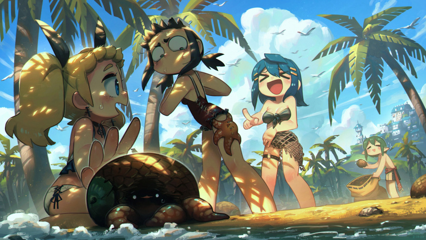 &gt;_&lt; 1boy 3girls :d absurdres beach black_hair blonde_hair blue_eyes blue_hair closed_eyes cloud cloudy_sky coconut cressey_(porforever) cross cross_earrings earrings erynn_(porforever) fantasy green_hair hair_ornament hair_ribbon hairclip highres jewelry laughing multiple_girls octopus original palm_tree pointing pointy_ears porforever ribbon sky smile standing sweatdrop swimsuit tree twintails wallace_(porforever) wide-eyed