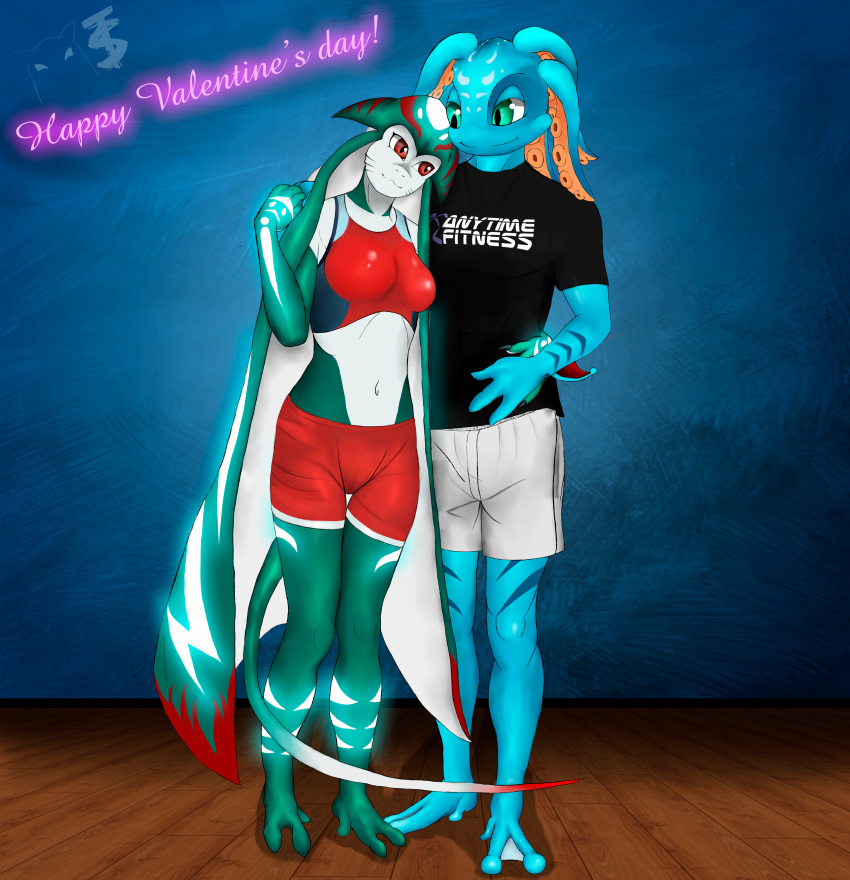 absurd_res anthro athletic batoid blue_body blue_eyes bra clothed clothing digital_drawing_(artwork) digital_media_(artwork) duo embrace female fish fizz_(lol) glowing glowing_markings green_body hi_res holidays hug league_of_legends legends_of_runeterra male male/female marine markings pseudo_hair red_eyes riot_games sakhtyphlosion slim_female slim_male sports_bra sportswear tentacle_hair tentacles underwear valentine's_day wholesome yordle zap_sprayfin