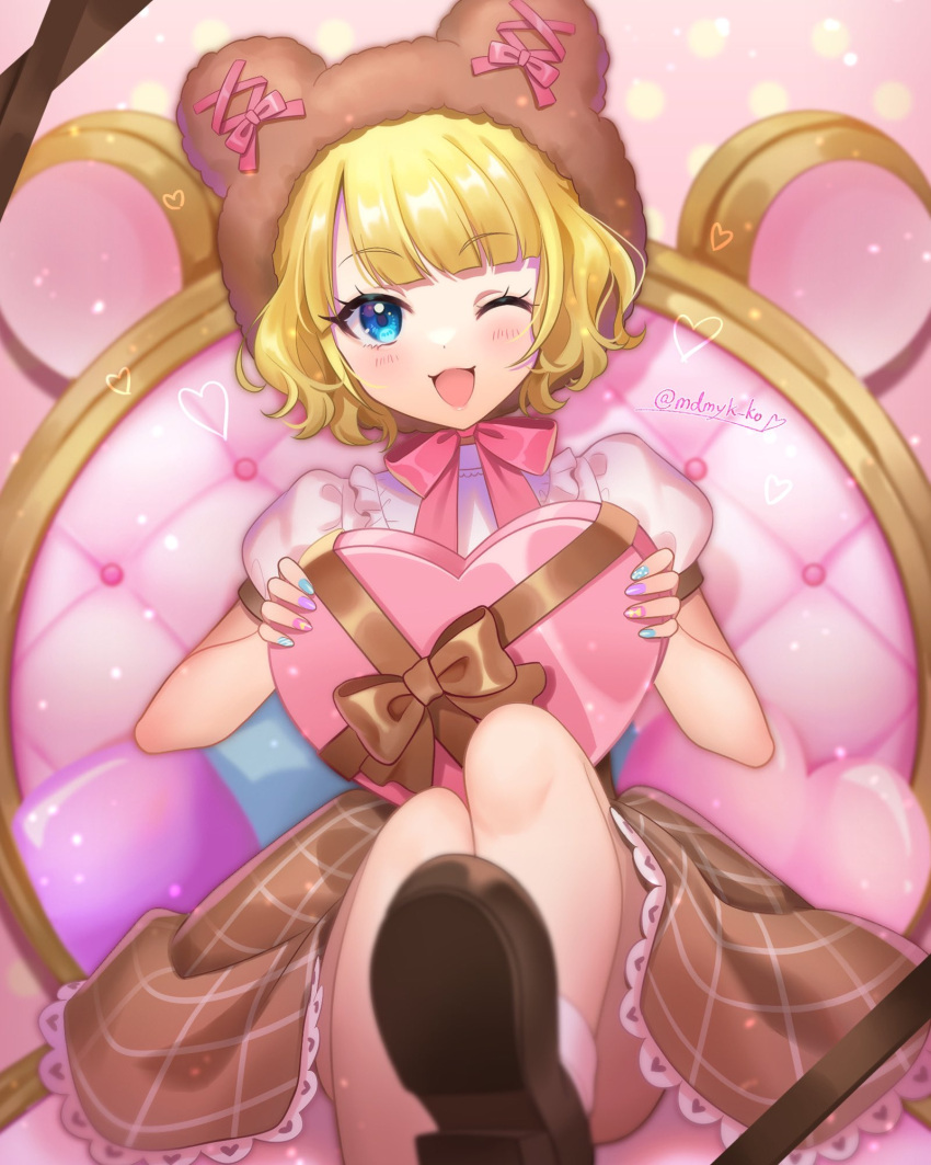 1girl ;d bear_hat blonde_hair blue_eyes blunt_bangs box brown_footwear brown_headwear brown_skirt commentary_request cone_hair_bun double_bun frilled_skirt frills hair_bun heart-shaped_box highres holding holding_box leg_up looking_at_viewer mendamen minami_mirei multicolored_nails nail_polish neck_ribbon on_chair one_eye_closed open_mouth pink_ribbon plaid plaid_skirt pretty_series pripara puffy_short_sleeves puffy_sleeves ribbon shoe_soles shoes short_hair short_sleeves sitting skirt smile solo throne valentine