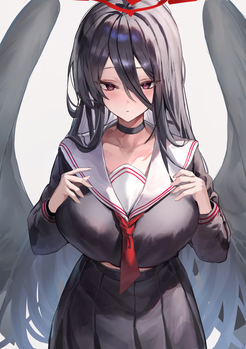 1girl absurdres black_choker black_hair black_serafuku black_wings blue_archive blush breasts choker collarbone feathered_wings hair_between_eyes halo hands_on_own_chest hasumi_(blue_archive) highres huge_breasts kabi_(zcwd8845) long_bangs long_hair long_sleeves looking_at_viewer midriff_peek neckerchief pleated_skirt red_eyes red_halo red_neckerchief school_uniform serafuku simple_background skirt solo straight_hair very_long_hair white_background wings