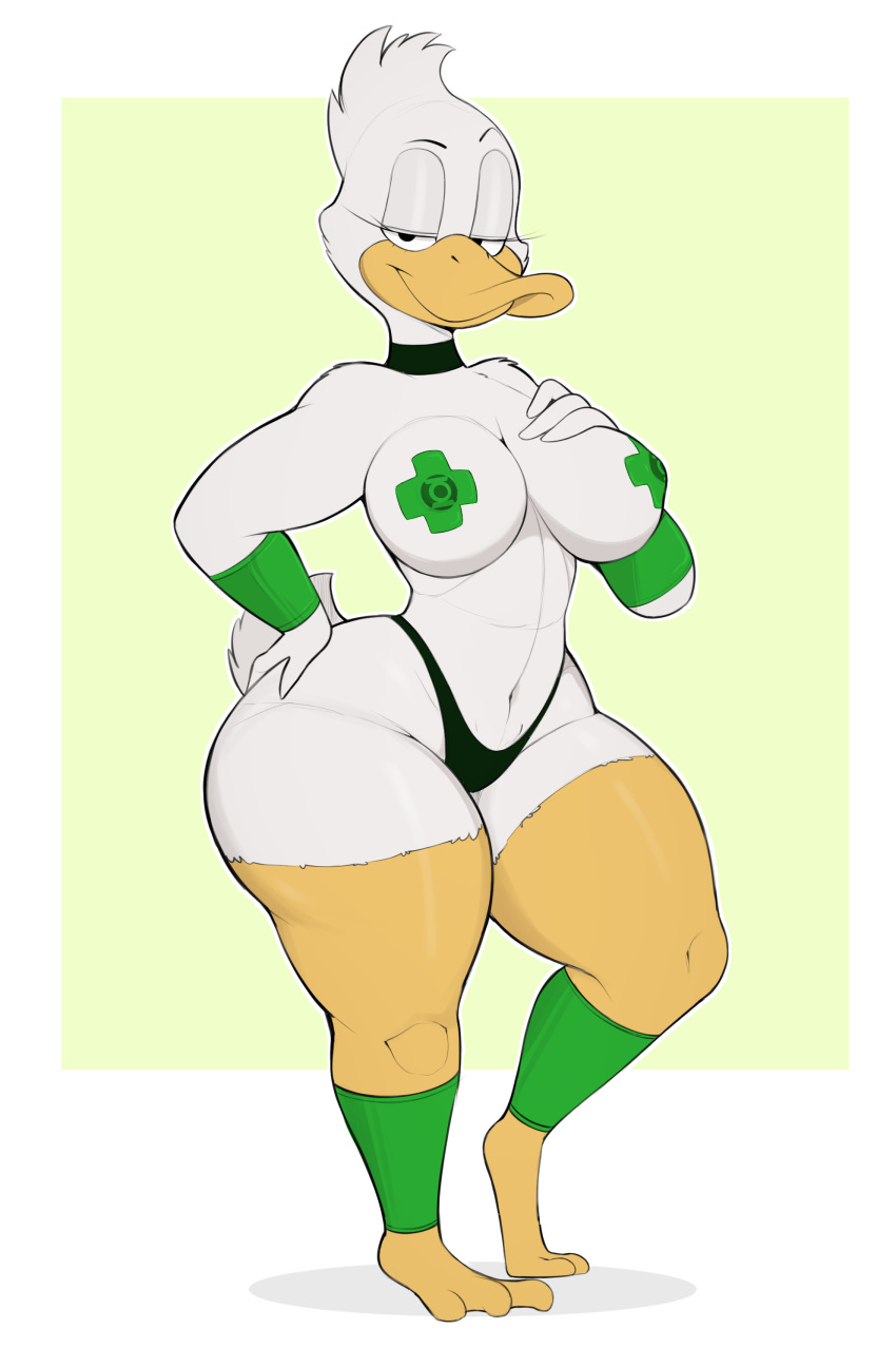 absurd_res anatid anseriform anthro armwear avian beak big_breasts bird breasts clothed clothing curvy_figure duck feathers feet female green_lantern_(series) hand_on_hip hand_on_own_breast hand_on_own_hip hi_res legwear looking_at_viewer multicolored_body narrowed_eyes non-mammal_breasts panties pasties skimpy solo thick_thighs toes two_tone_body underwear usnarbit voluptuous white_body white_feathers wide_hips yellow_body