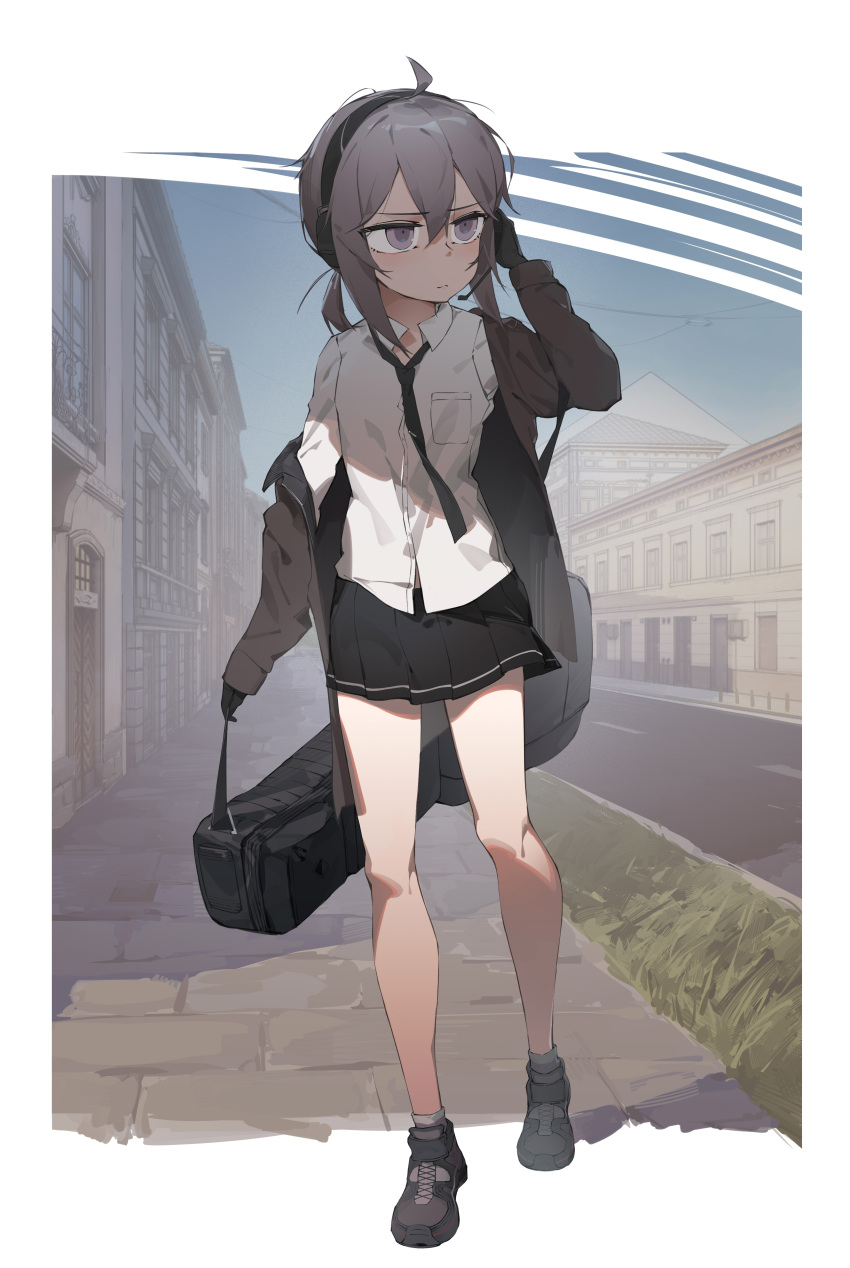 1girl absurdres ahoge bare_legs black_footwear black_gloves black_necktie black_skirt blue_sky blush boots breast_pocket building carrying carrying_case city cityscape clear_sky closed_mouth collared_shirt commentary day door dress_shirt european_architecture full_body girls'_frontline gloves grass grey_footwear grey_hair grey_jacket grey_socks guitar_case hair_between_eyes hand_on_headset hand_on_own_cheek hand_on_own_face hand_up head_tilt headset highres instrument_case jacket looking_to_the_side loose_clothes loose_shirt m200_(girls'_frontline) messy_hair miniskirt necktie off_shoulder outdoors parted_bangs pavement pleated_skirt pocket purple_eyes road serious shirt sidelocks skirt sky socks standing swept_bangs tr07 twintails two-tone_boots white_shirt window wooden_door