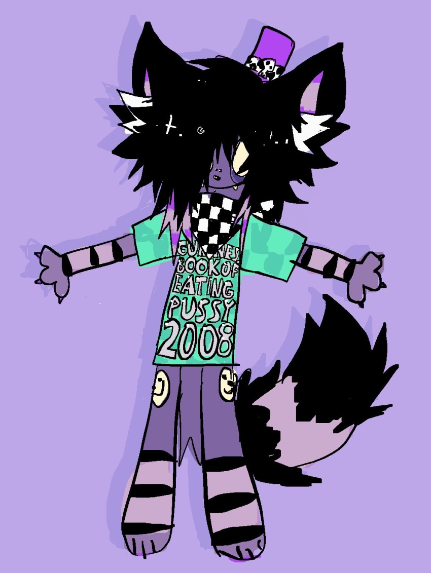 anthro black_hair canid canine clothed clothing emo hair hi_res male mammal mutetroop shirt solo t-shirt text text_on_clothing text_on_shirt text_on_topwear topwear