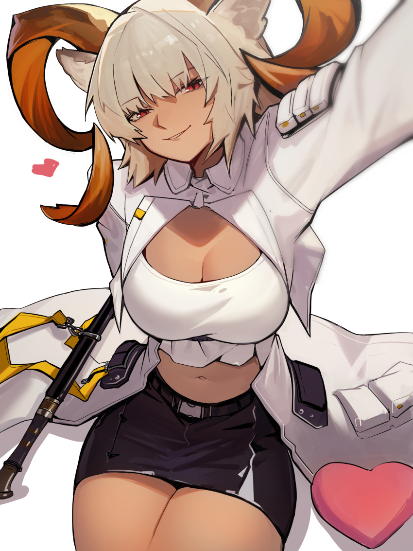 1girl animal_ear_fluff animal_ears arknights arm_behind_back arm_support arm_up belt black_belt black_skirt breasts brown_horns buckle carnelian_(arknights) chest_strap cleavage coat collared_coat commentary cowboy_shot crop_top cropped_shirt dark_skin distr drop_shadow english_commentary eyelashes from_above goat_ears goat_girl goat_horns grey_hair grin half-closed_eyes head_tilt heart highres horns invisible_floor large_breasts legs_together long_sleeves looking_at_viewer looking_up midriff miniskirt navel parted_lips pencil_skirt pocket red_eyes scabbard shadow sheath sheathed shiny_clothes shirt short_hair simple_background sitting skirt smile snap-fit_buckle solo stomach straight-on strap sword teeth thighs underbust weapon white_background white_coat white_shirt wing_collar