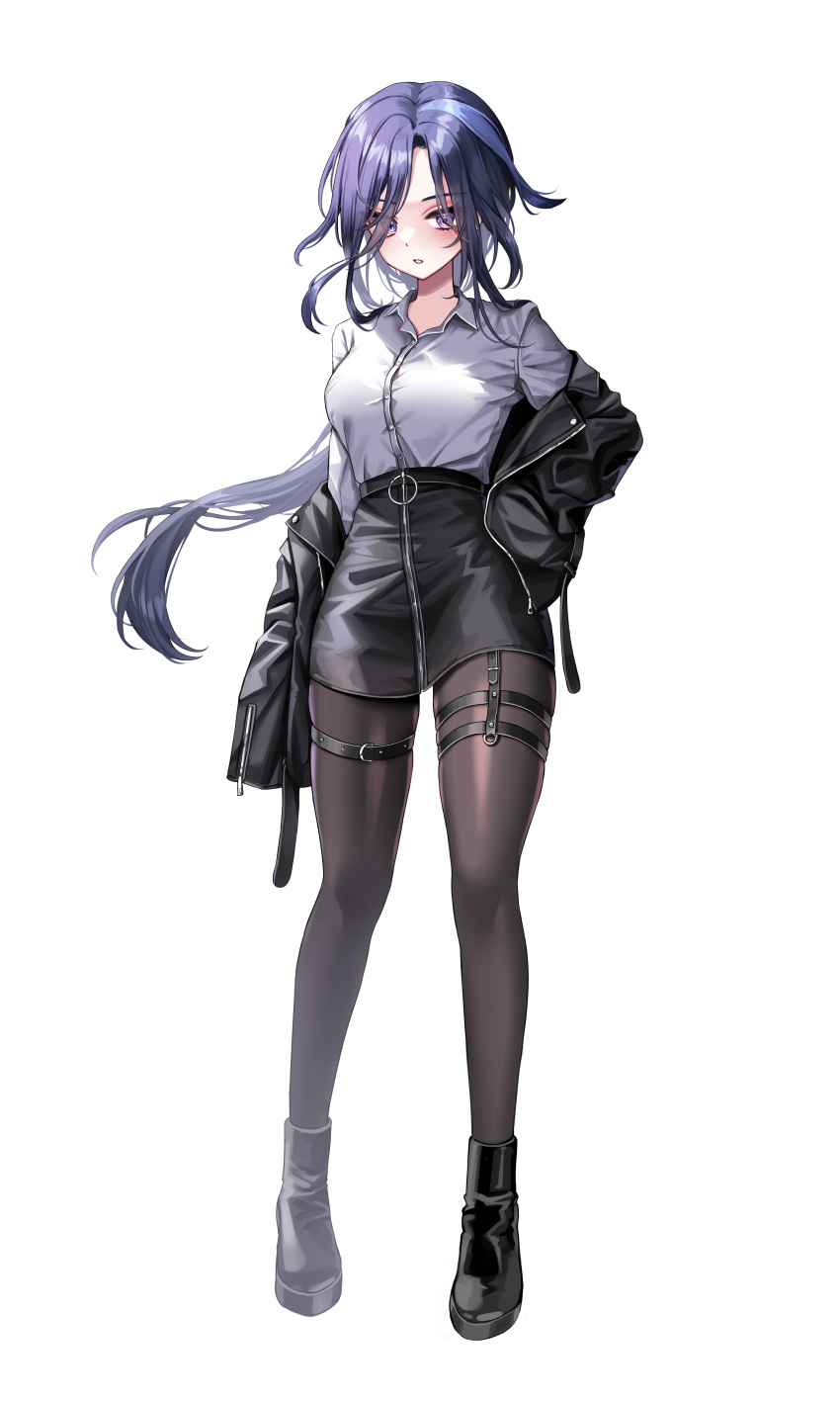 1girl absurdres adapted_costume arm_at_side black_footwear black_jacket black_pantyhose black_skirt blue_hair breasts buttons clorinde_(genshin_impact) collarbone collared_shirt dark_blue_hair floating_hair full_body genshin_impact hand_on_own_hip high-waist_skirt highres jacket large_breasts leather leather_jacket leather_skirt looking_at_viewer low_ponytail multicolored_hair multiple_thigh_straps nq_(nnq_q) off_shoulder pantyhose parted_lips pencil_skirt purple_eyes shirt shirt_tucked_in skirt solo streaked_hair white_background white_shirt