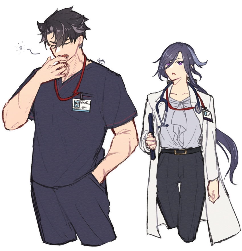 1boy 1girl alternate_costume alternate_universe belt black_belt black_hair black_pants black_shirt blue_hair clipboard clorinde_(genshin_impact) doctor floating_hair genshin_impact grey_hair grey_shirt hair_ribbon highres holding holding_clipboard id_card long_hair low_ponytail mizuchi_kai multicolored_hair nurse pants ribbon scar scar_on_arm shirt shirt_tucked_in stethoscope streaked_hair very_long_hair white_background wriothesley_(genshin_impact) yawning