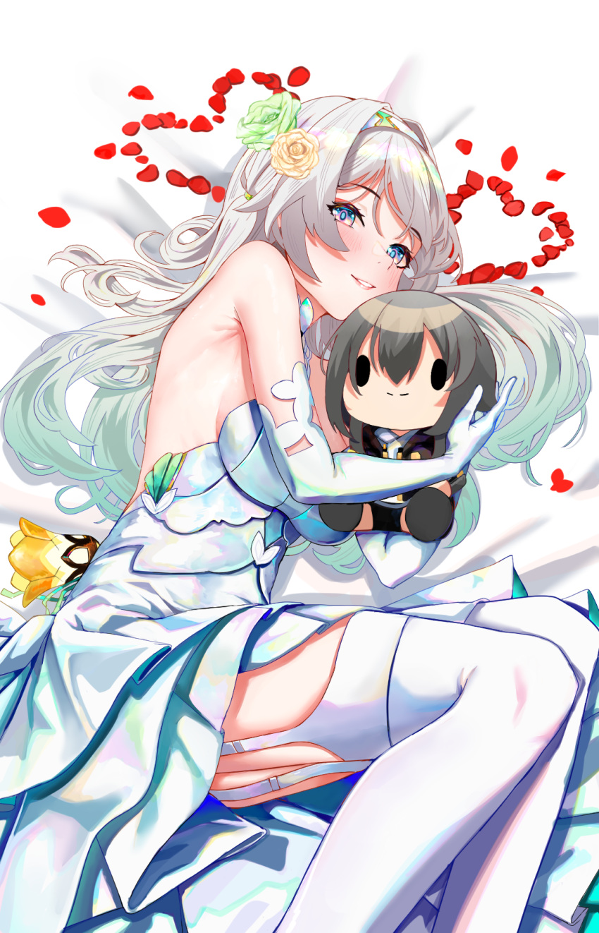 1boy 1girl :d agino armpit_crease bare_shoulders bed blue_eyes blue_pupils blush character_doll chibi commentary_request dress elbow_gloves feet_out_of_frame firefly_(honkai:_star_rail) from_above garter_straps gloves gradient_hair green_hair grey_hair hair_intakes hair_spread_out heart highres honkai:_star_rail honkai_(series) knees_together_feet_apart layered_dress long_hair looking_at_viewer lying multicolored_hair on_bed on_side open_mouth petals pink_eyes pleated_dress rose_petals sidelocks smile solo stelle_(honkai:_star_rail) strapless strapless_dress teeth thighhighs thighs trailblazer_(honkai:_star_rail) two-tone_eyes white_gloves white_thighhighs