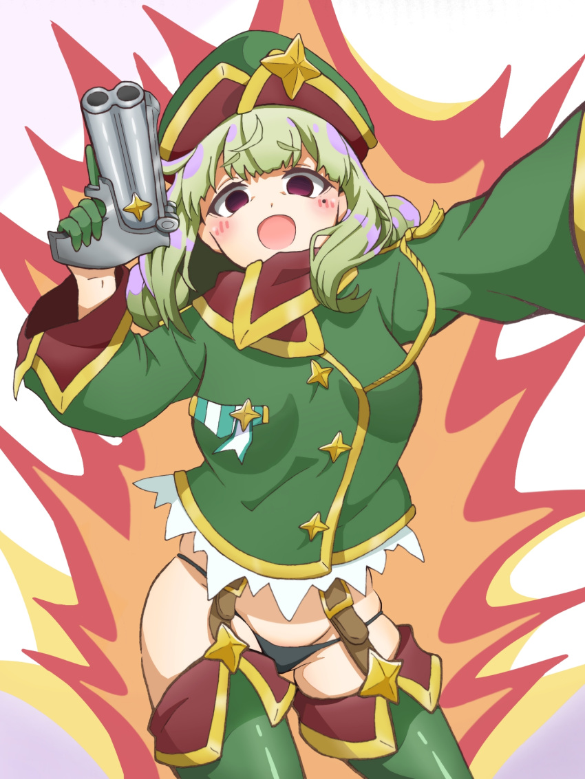 1girl aiguillette araga_kiwi black_footwear black_panties boots cowboy_shot derringer empty_eyes foreshortening garter_straps gloves green_gloves green_hair green_headwear green_jacket groin gun hair_bun handgun hat hat_ornament highres holding holding_gun holding_weapon jacket leopard_(mahou_shoujo_ni_akogarete) long_sleeves magical_girl mahou_shoujo_ni_akogarete medium_hair military_hat military_jacket mole mole_under_eye no_pants open_mouth panties purple_eyes selfie smile solo standing star_(symbol) star_hat_ornament thigh_boots trigger_discipline underwear weapon