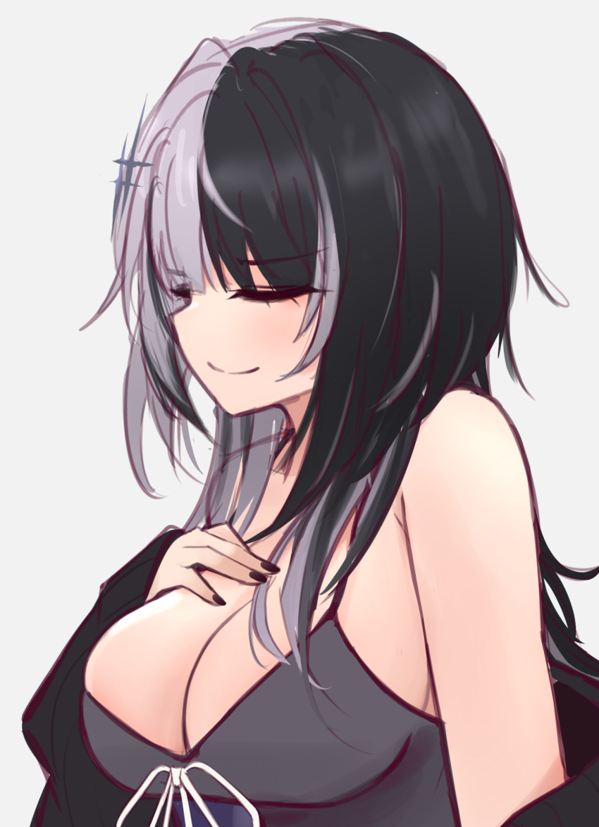 1girl black_coat black_dress black_eyeliner black_eyeshadow black_hair black_nails breasts cleavage closed_eyes closed_mouth coat dress eyeliner eyeshadow fingernails grey_background grey_hair hair_ornament hand_on_own_chest highres hololive hololive_english large_breasts light_blush long_hair long_sleeves m_r_b makeup multicolored_hair nail_polish off_shoulder open_clothes open_coat parted_lips profile ribbon shiori_novella shiori_novella_(1st_costume) sideways_mouth simple_background sleeves_past_wrists smile solo split-color_hair teeth two-tone_hair upper_body virtual_youtuber white_ribbon