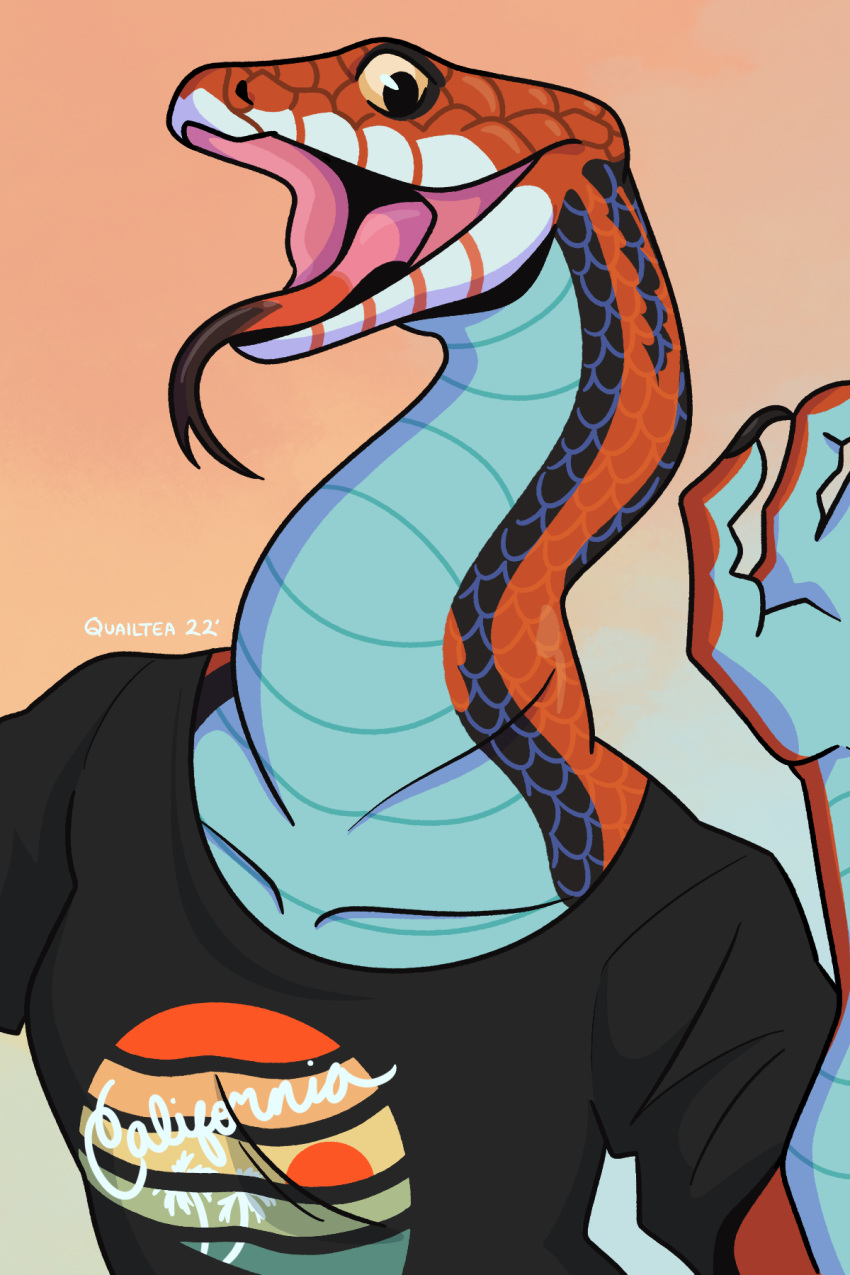 2:3 anthro blue_body blue_countershading claws clothed clothing countershade_neck countershading female fingers forked_tongue garter_snake hi_res open_mouth open_smile reptile san_francisco_garter_snake scales scalie shirt smile snake solo text text_on_clothing text_on_shirt text_on_topwear tongue tongue_out topwear wolvesmaw