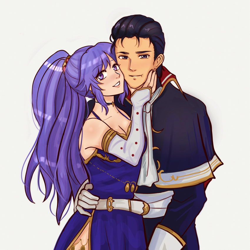 1boy 1girl absurdres belt black_hair capelet cheek-to-cheek commission commissioner_upload couple fire_emblem fire_emblem:_genealogy_of_the_holy_war fire_emblem:_thracia_776 hand_on_another's_waist heads_together highres hunnymzdraws ishtar_(fire_emblem) non-web_source purple_eyes purple_hair reinhardt_(fire_emblem)