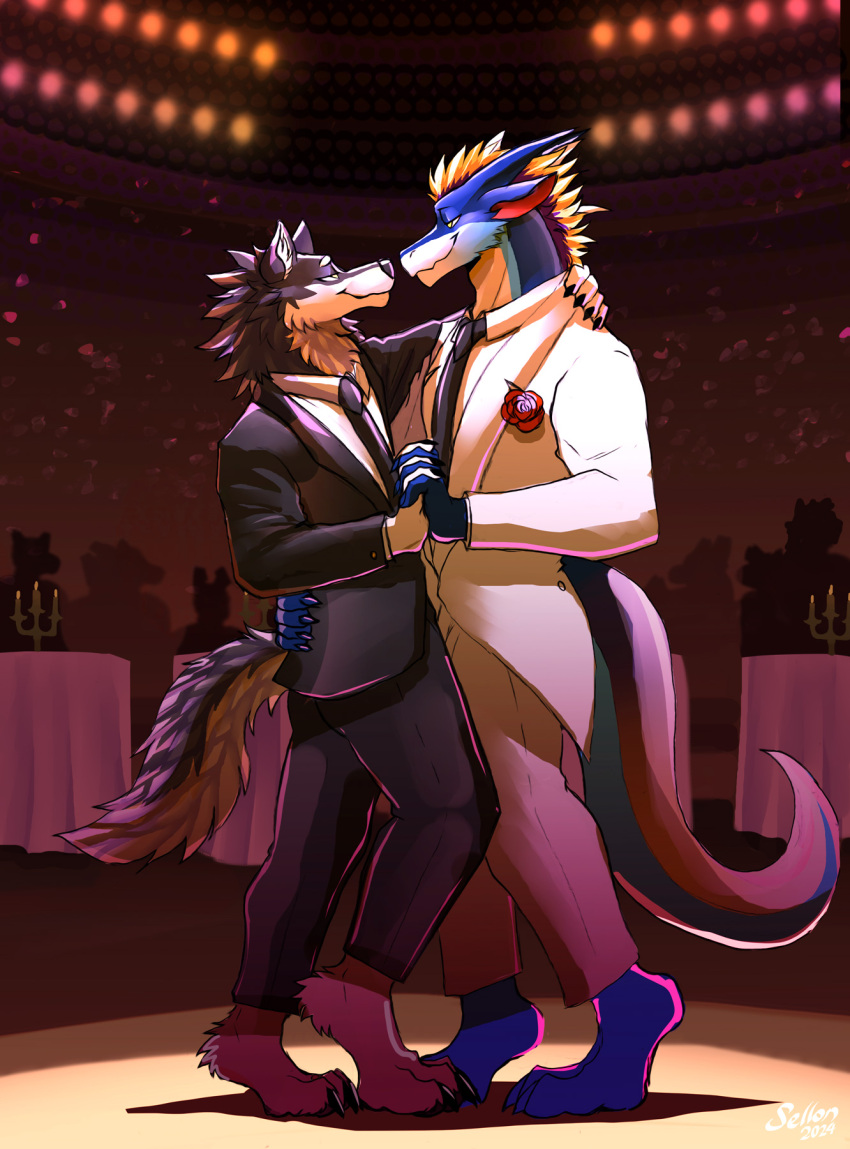 anthro black_tie_(suit) candlelight canid canine canis clothing couple_(disambiguation) dancing dinner dragon favonius hi_res holidays light male mammal rain_dragon romantic sellon spotlight suit teryx teryx_commodore valentine's_day wolf