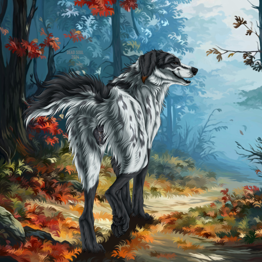 adventure animal_genitalia bird_dog bodily_fluids canid canine canine_genitalia canis cum detailed_background digital_media_(artwork) digital_painting_(artwork) domestic_dog female feral floppy fur genital_fluids genitals grin hi_res hunting_dog just_kenta looking_at_viewer mammal meeka_just_kenta msdeadsoul nude outside pawpads paws pussy realistic setter smile solo tail teasing teeth walking wolf