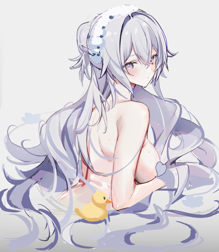 1girl breasts bronya_zaychik commentary_request grey_eyes grey_hair half_updo highres honkai_(series) honkai_impact_3rd large_breasts long_hair looking_at_viewer lysh nude rubber_duck solo upper_body very_long_hair