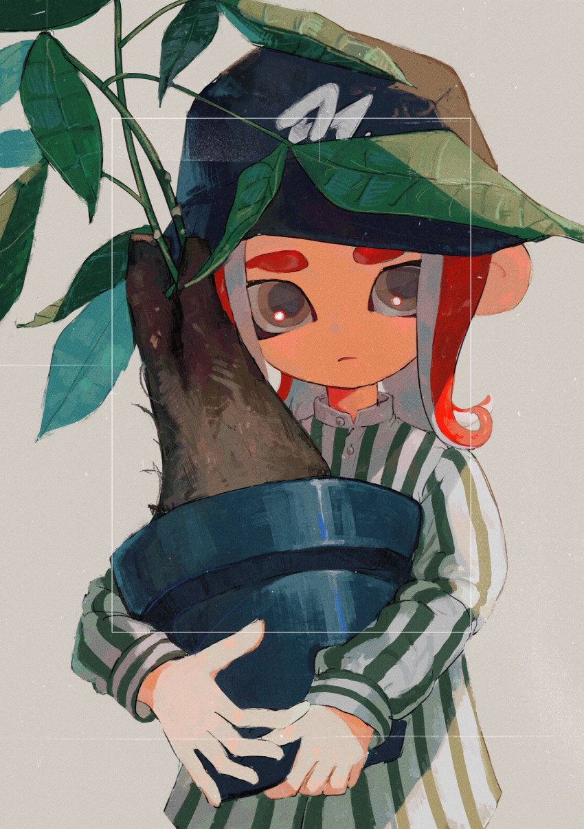 1boy black_headwear closed_mouth commentary_request flower_pot grey_background grey_eyes hat highres holding holding_flower_pot leaf looking_at_viewer medium_hair octoling_boy octoling_player_character plant potted_plant pppmepl red_hair simple_background solo splatoon_(series) splatoon_3 standing tentacle_hair thick_eyebrows