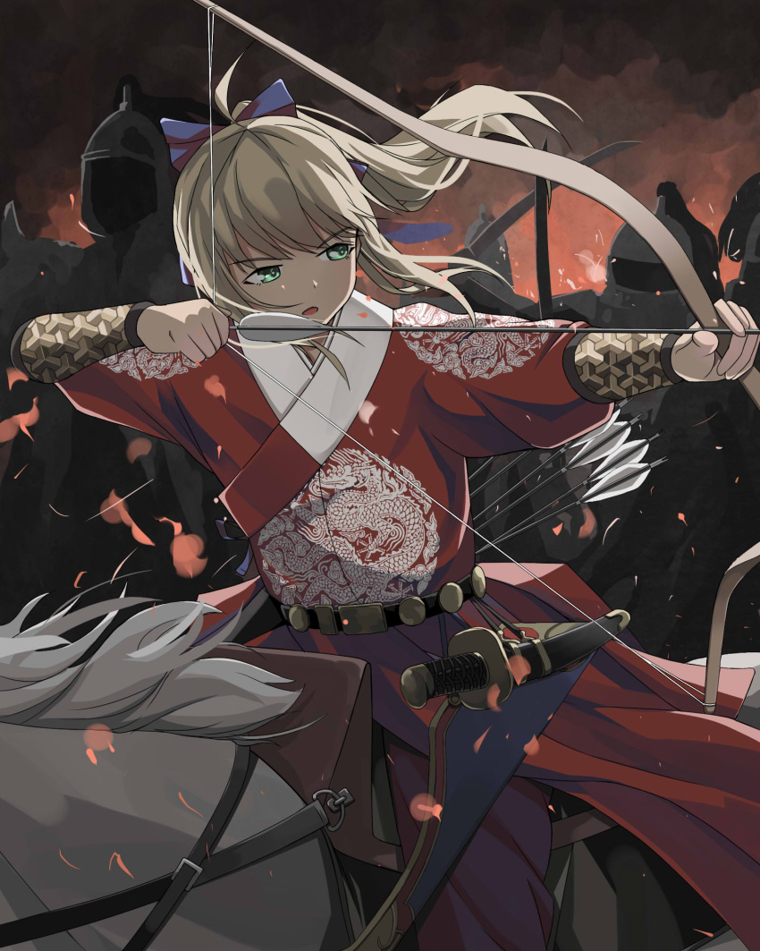 1girl 4others alternate_costume arm_guards armor arrow_(projectile) artoria_pendragon_(fate) belt blonde_hair blue_ribbon bow_(weapon) chinese_armor chinese_clothes chinese_empire embroidered fate/grand_order fate_(series) green_eyes hair_ribbon hanfu highres horseback_archery horseback_riding ming_dynasty multiple_others ponytail ribbon riding saber_(fate) sheath sheathed solo_focus sword weapon zhengz