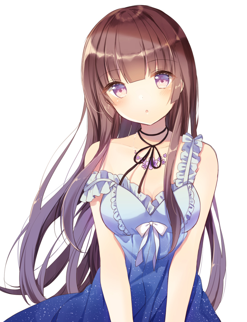 1girl :o bare_arms bare_shoulders black_ribbon blue_dress blush breasts brown_hair cleavage collarbone dress flower flower_necklace frilled_dress frills head_tilt highres jewelry long_hair looking_at_viewer medium_breasts neck_ribbon necklace original parted_lips purple_eyes purple_flower ribbon shiino_sera sidelocks simple_background sleeveless sleeveless_dress solo standing strap_slip upper_body white_background white_ribbon