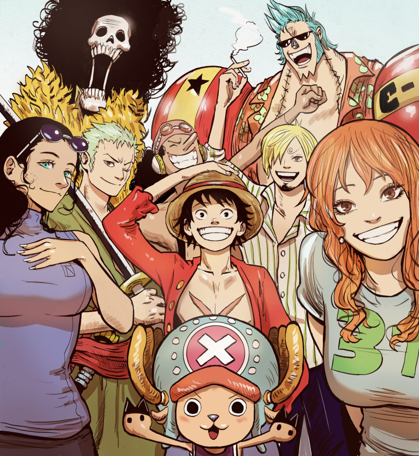2girls 6+boys afro antlers arm_up beard black_hair blonde_hair blue_eyes blue_hair brook_(one_piece) cigarette collared_shirt commentary_request curly_eyebrows cyborg eyewear_on_head facial_hair franky_(one_piece) green_hair hand_on_headwear hat headphones highres holding holding_cigarette horns iago_fn long_nose looking_at_viewer monkey_d._luffy multiple_boys multiple_girls nami_(one_piece) nico_robin one_eye_closed one_piece orange_eyes orange_hair pink_shirt portuguese_commentary reindeer_antlers roronoa_zoro sanji_(one_piece) scar scar_on_chest scar_on_face shirt short_hair sideburns sidelocks skeleton smile smoke straw_hat striped_clothes striped_shirt sunglasses t-shirt tony_tony_chopper turtleneck_shirt usopp vertical-striped_clothes vertical-striped_shirt