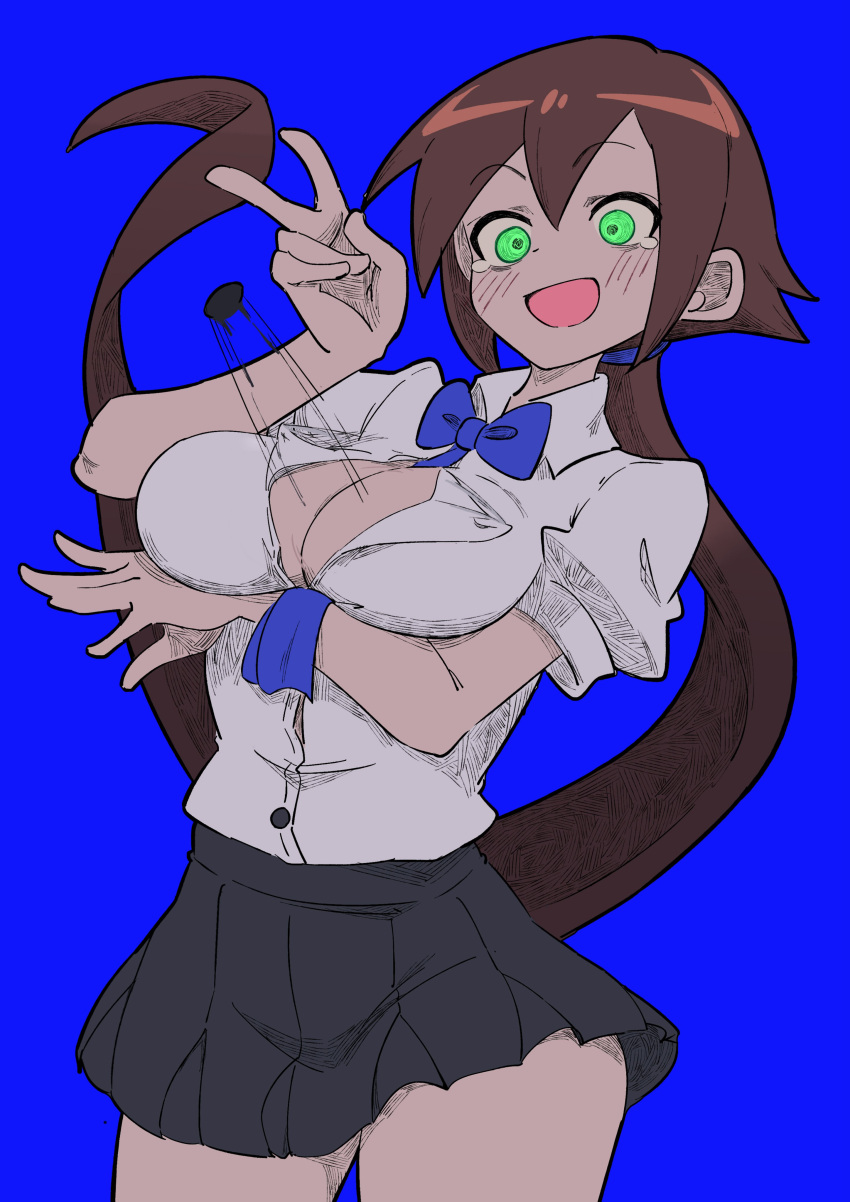 1girl absurdres aile_(mega_man_zx) black_skirt blush bow bowtie breasts brown_hair bursting_breasts button_gap buzzlyears cleavage flying_button green_eyes highres large_breasts looking_at_viewer mega_man_(series) mega_man_zx mega_man_zx_advent open_mouth ponytail school_uniform shirt short_sleeves skirt solo tears v white_shirt