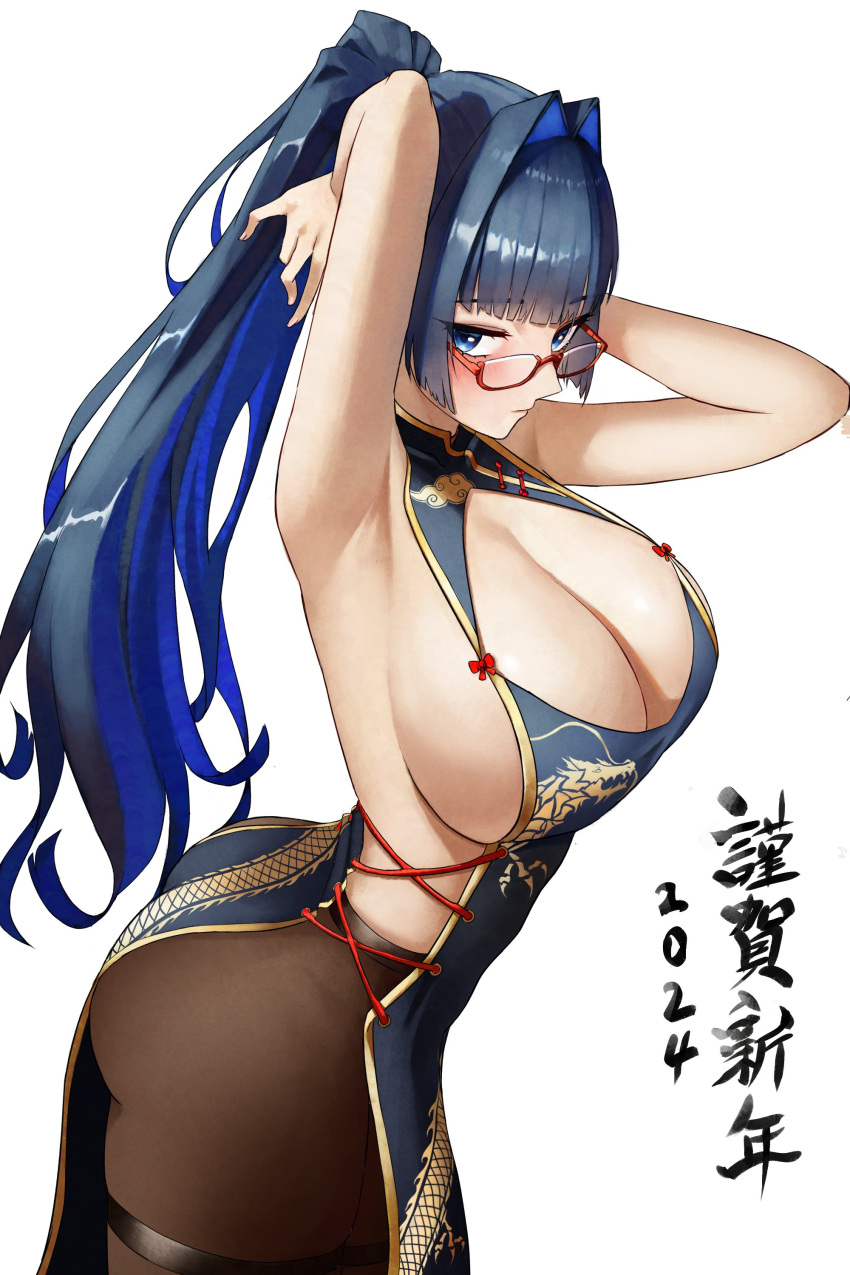 1girl 2024 absurdres alternate_costume arms_behind_head ass ass_visible_through_thighs blue_hair breasts china_dress chinese_clothes chinese_new_year cleavage cleavage_cutout clothing_cutout dragon_print dress from_side glasses highres hololive hololive_english kuraodo_0 large_breasts long_hair ouro_kronii pantyhose ponytail thick_thighs thigh_strap thighs white_background