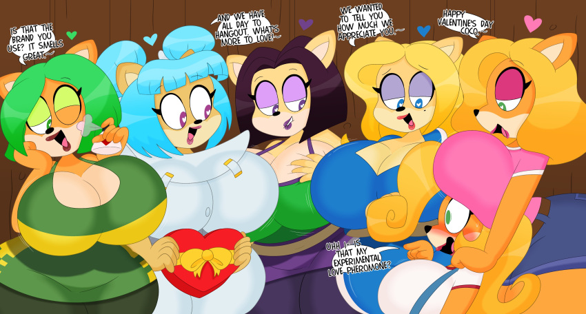 &lt;3 &lt;3_eyes 2024 3barts 5_fingers absurd_res activision ami_bandicoot anthro bandicoot big_breasts bite biting_lip blonde_hair blue_eyes blue_hair blush bodily_fluids boob_hat bottomwear box_of_chocolates breast_squish breasts candy chocolate clothing coco_bandicoot crash_bandicoot_(series) crash_team_racing_(series) crash_team_racing_nitro-fueled curvy_figure cutoffs denim denim_bottomwear denim_clothing dessert detailed_background dialogue digital_drawing_(artwork) digital_media_(artwork) dress english_text eyelashes eyeshadow female fingers food fur green_eyes green_eyeshadow green_hair group hair hi_res holidays hourglass_figure huge_breasts huge_thighs isabella_bandicoot leggings legwear lipstick liz_bandicoot long_hair makeup mammal marsupial megumi_bandicoot multicolored_body multicolored_fur open_mouth open_smile orange_body orange_fur perfume pink_eyeshadow pink_lipstick purple_eyes purple_eyeshadow purple_hair purple_lipstick red_lipstick shirt shorts skirt small_waist smile squish sweat sweatdrop tan_body tan_fur tank_top tawna_bandicoot text thick_thighs topwear two_tone_body two_tone_fur valentine's_day voluptuous wide_hips