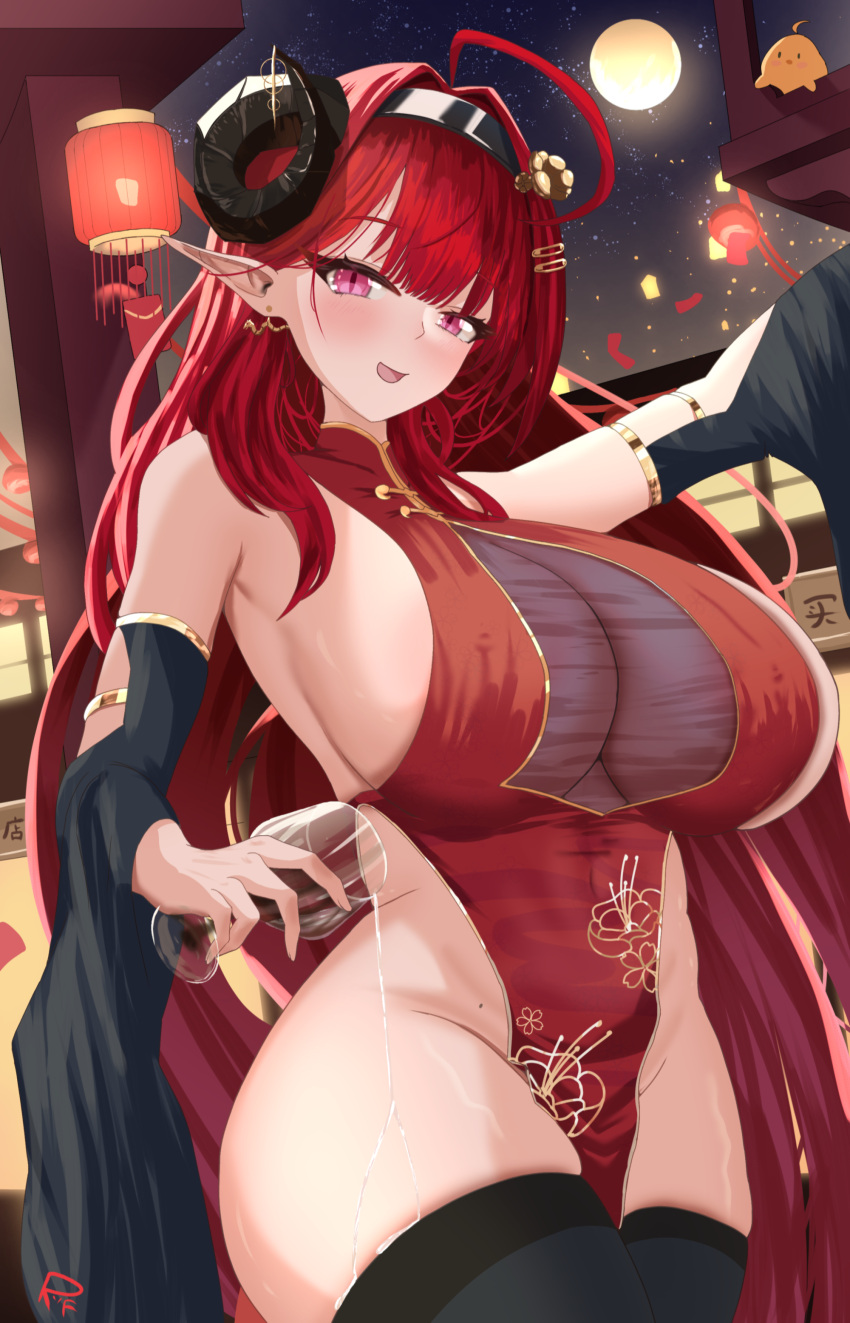 1girl absurdres alternate_costume azur_lane black_horns black_sleeves black_thighhighs breasts china_dress chinese_clothes cleavage demon_horns detached_sleeves dress highres hindenburg_(azur_lane) horns huge_breasts long_hair looking_at_viewer manjuu_(azur_lane) mole mole_on_stomach night night_sky pointy_ears pouring pouring_onto_self purple_eyes red_dress red_hair riflech see-through see-through_cleavage sideboob sideless_outfit sky solo thighhighs very_long_hair