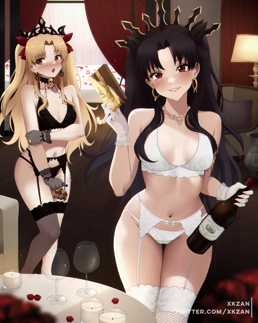 2girls artist_name bed black_bra black_gloves black_hair black_panties blonde_hair blurry blurry_foreground blush bottle box box_of_chocolates bra breasts candle chair cookie cup curtains cushion depth_of_field desk_lamp drinking_glass earrings embarrassed ereshkigal_(fate) fate/grand_order fate_(series) food garter_belt garter_straps gloves hair_ribbon highres holding hoop_earrings indoors ishtar_(fate) jewelry lace-trimmed_bra lace-trimmed_panties lace_trim lamp lingerie long_hair looking_at_viewer looking_to_the_side medium_breasts multiple_girls navel panties parted_bangs parted_lips petals red_eyes ribbon rose_petals tiara twitter_username two_side_up underwear underwear_only valentine vase very_long_hair watermark white_bra white_gloves white_panties wine_bottle wine_glass xkzan