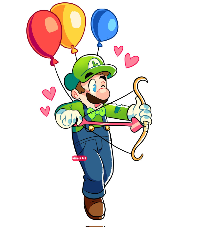 1boy balloon big_nose blue_eyes blue_overalls bow_(weapon) brown_hair cupid facial_hair gloves green_headwear green_shirt hat highres long_sleeves luigi manysart1 mario_(series) mustache one_eye_closed overalls shirt solo weapon white_gloves