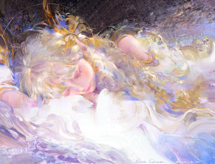 1girl 2022 abstract_background absurdres artist_name bare_shoulders bestdaimt blonde_hair closed_eyes closed_mouth dated diao_chan_(wangzhe_rongyao) eyelashes feather_hair_ornament feathers hair_ornament halo highres long_hair lying on_side painterly realistic signature solo upper_body wangzhe_rongyao waves yellow_feathers