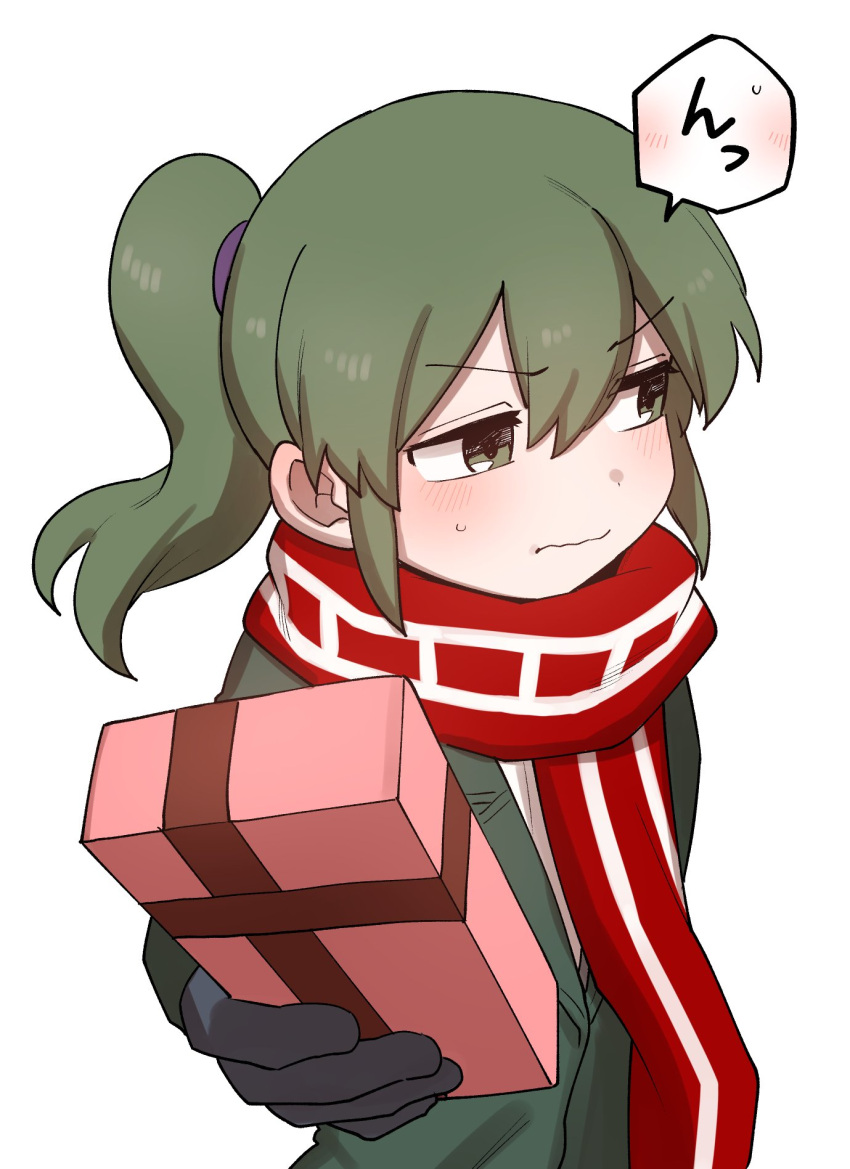 1girl averting_eyes black_gloves box box_of_chocolates gift gloves green_eyes green_hair green_suit hair_between_eyes highres holding holding_gift igarashi_futaba_(shiromanta) light_blush long_hair ponytail red_scarf scarf senpai_ga_uzai_kouhai_no_hanashi shiromanta sidelocks simple_background solo speech_bubble suit sweatdrop valentine wavy_hair white_background