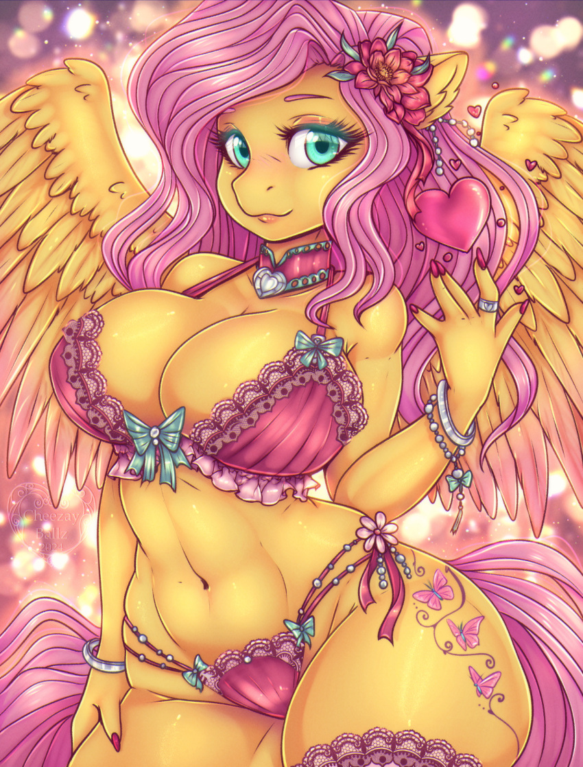 2024 5_fingers anthro artist_name bra bracelet cheezayballz clothing cutie_mark digital_media_(artwork) equid equine eyebrows eyelashes female fingers fluttershy_(mlp) friendship_is_magic hasbro hi_res jewelry mammal my_little_pony navel pegasus ring_(jewelry) solo underwear wings