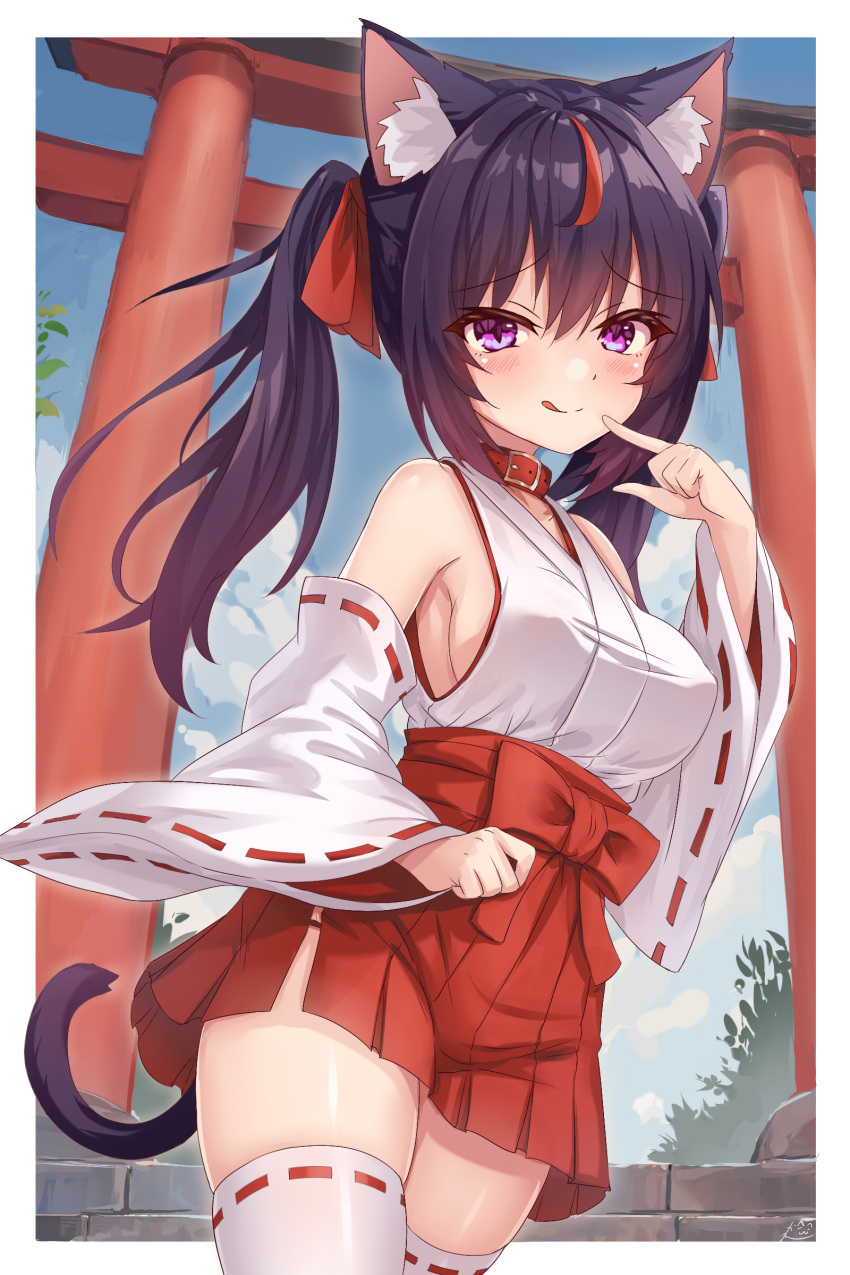 1girl :q absurdres animal_ear_fluff animal_ears black_hair blush border cat_ears cat_girl cat_tail closed_mouth detached_sleeves hair_ribbon hakama hakama_skirt highres japanese_clothes kazuneko_(wktk1024) long_hair miko multicolored_hair original outdoors outside_border purple_eyes red_hair red_hakama red_ribbon ribbon skirt solo streaked_hair tail thighhighs tongue tongue_out torii white_border white_thighhighs wide_sleeves