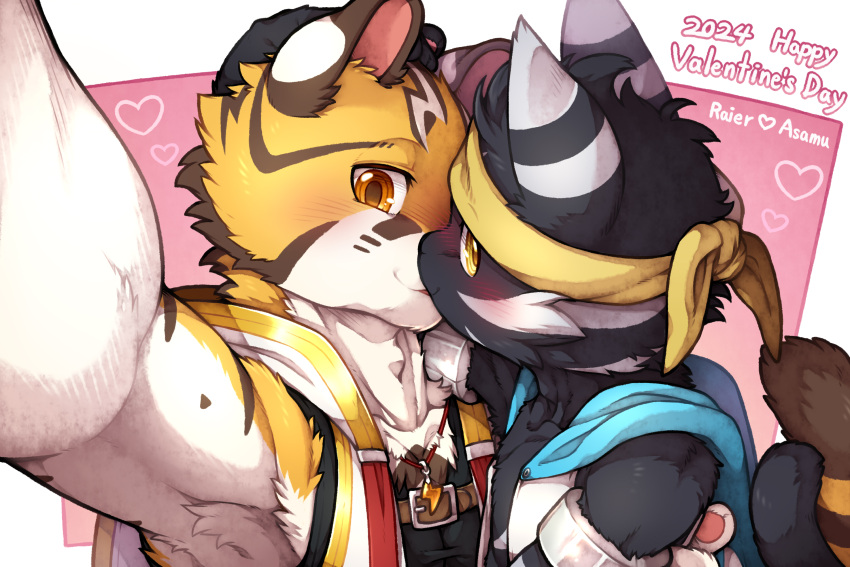 &lt;3 3:2 accessory anthro armpit_hair asamu_(unrealplace) black_body black_fur blush body_hair domestic_cat duo felid feline felis fur headband hi_res holidays jewelry kissing looking_at_viewer male male/male mammal necklace raier_(unrealplace) selfie text unrealplace valentine's_day yellow_body yellow_fur