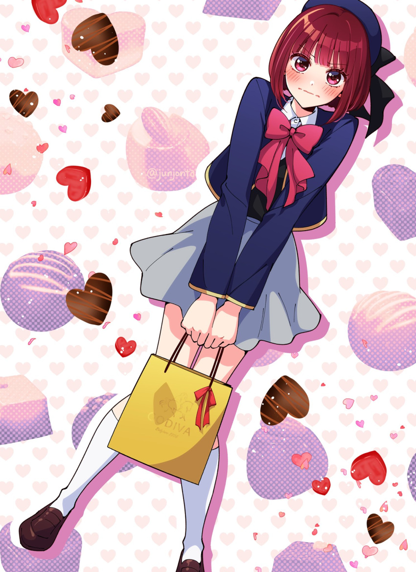 1girl arima_kana bag beret blue_headwear blue_vest blush bob_cut brown_footwear chocolate closed_mouth full_body grey_shirt happy_valentine hat heart highres holding holding_bag inverted_bob junjonta looking_at_viewer oshi_no_ko red_eyes red_hair ribbon school_uniform shirt short_hair socks solo valentine vest white_socks youtou_high_school_uniform