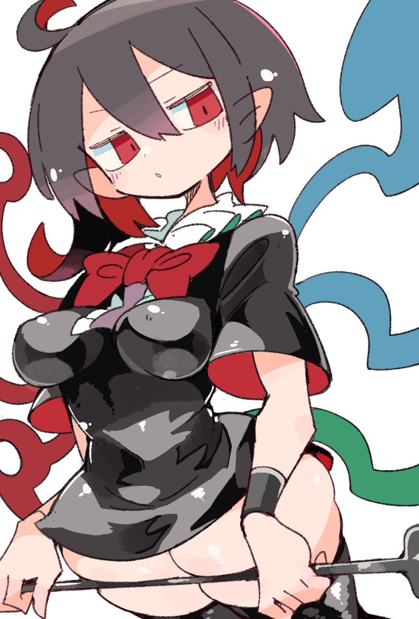 1girl asymmetrical_wings black_dress black_hair black_thighhighs blue_wings blush breasts dress highres houjuu_nue massakasama medium_breasts pointy_ears polearm red_eyes red_wings short_hair short_sleeves simple_background solo thighhighs touhou trident weapon white_background wings