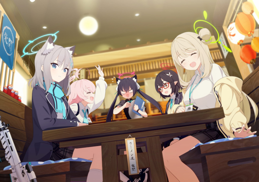 5girls ahoge animal_ears assault_rifle ayane_(blue_archive) black_hair blonde_hair blue_archive blush breasts cat_ears closed_eyes foreclosure_task_force_(blue_archive) game_cg glasses grey_hair gun halo highres hoshino_(blue_archive) large_breasts looking_at_viewer multiple_girls necktie non-web_source nonomi_(blue_archive) official_art pink_hair pink_halo pointy_ears restaurant rifle scarf school_uniform serika_(blue_archive) shiroko_(blue_archive) sig_556 sig_sauer table weapon wolf_ears