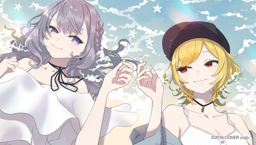 2girls black_choker black_headwear blonde_hair blue_eyes braid choker dress earrings futomoy grey_hair highres hololive hololive_indonesia jewelry kaela_kovalskia long_hair medium_hair multiple_girls official_art outdoors red_eyes smile vestia_zeta virtual_youtuber water