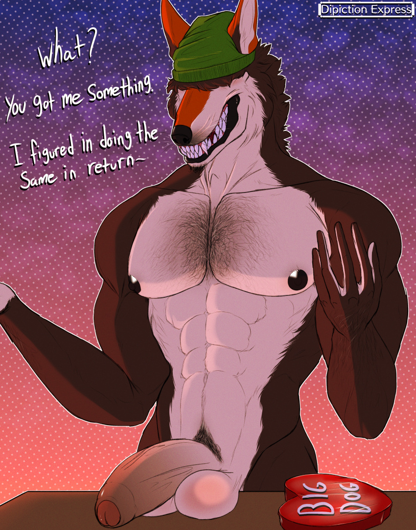 abs absurd_res anthro arm_hair athletic athletic_anthro athletic_male balls balls_on_table beanie_only big_balls big_penis black_nipples body_hair canid canine canis cel_shading chest_hair clothing covering covering_eyes covering_face depictionexpress dialogue english_text fat_penis foreskin fur genitals gesture gift gift_box gradient_background green_clothing hair hair_over_eye hairy hat hat_only headgear headgear_only headwear headwear_only hi_res holidays male mammal mexican_wolf mostly_nude multicolored_body multicolored_fur muscular muscular_anthro muscular_male nipples nonchalant one_eye_obstructed penis penis_on_table pink_background pubes purple_background saggy_balls shaded shrug simple_background smile smiling_at_viewer solo solo_focus talking_to_viewer text tooth_gap valentine's_day vein veiny_penis wolf