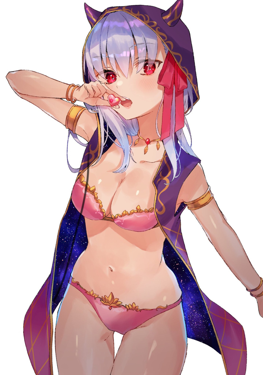 1girl armlet ban_(one_ban7241) bare_shoulders bikini blush bracelet breasts candy chocolate cleavage collarbone earrings fate/grand_order fate_(series) food hair_ribbon heart heart-shaped_chocolate highres hood hooded_vest hoodie horned_hood horns jewelry kama_(chocolate_heaven)_(fate) kama_(fate) large_breasts long_hair looking_at_viewer necklace open_mouth pink_bikini purple_vest red_eyes ribbon swimsuit vest white_hair