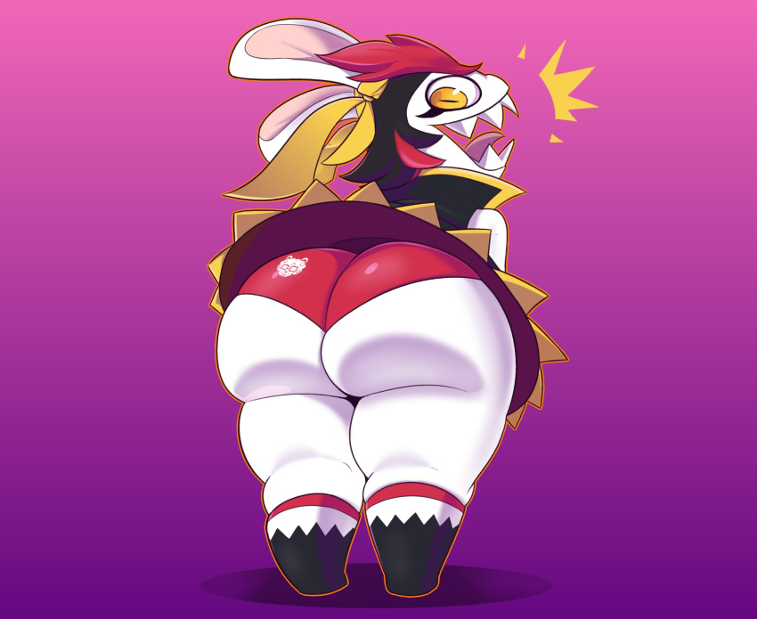 anthro big_butt bottomwear butt clothed clothing crazy_eyes fawxythings female hi_res kanya_(mario_plus_rabbids) lagomorph looking_back mammal mario_plus_rabbids_sparks_of_hope panties rabbid raving_rabbids rayman_(series) sharp_teeth simple_background solo teeth thick_thighs tight_bottomwear tight_clothing tongue ubisoft underwear upskirt