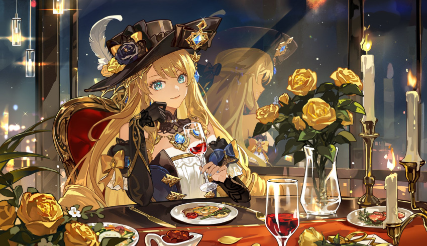 1girl alcohol artist_request bare_shoulders black_headwear blonde_hair blue_dress blue_eyes candle commentary_request cup dress drinking_glass flower genshin_impact highres holden knife looking_at_viewer navia_(genshin_impact) plate reflection rose second-party_source smile solo wine wine_glass yellow_flower yellow_rose