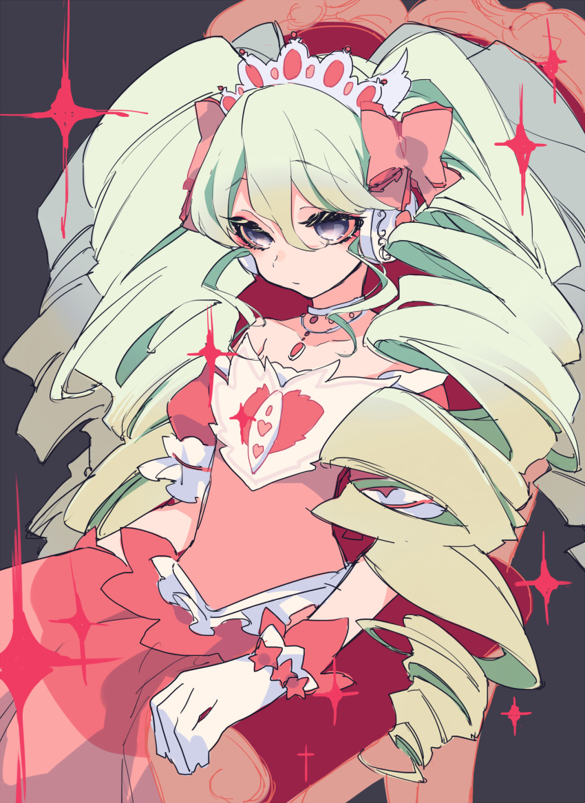 1girl commentary_request cowboy_shot dress drill_hair expressionless falulu gloves green_hair grey_background grey_eyes headphones highres idol_clothes long_hair mochizuki_kei pink_dress pretty_series pripara sidelocks solo sparkle standing tiara twin_drills twintails very_long_hair white_gloves