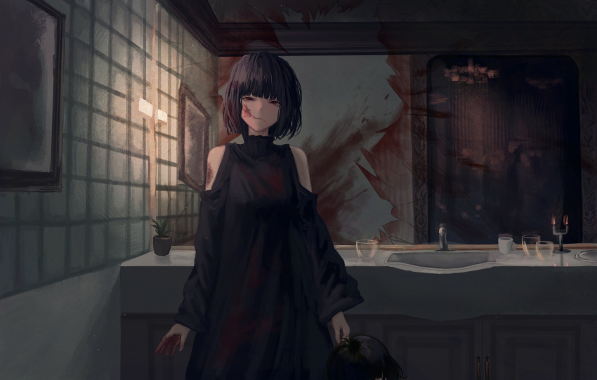 1girl 1other absurdres bathroom black_dress blood blood_on_clothes blood_on_face blood_on_hands blood_on_wall blunt_bangs blunt_ends candle candlestand clothing_cutout dot_nose dress expressionless fire glass hand_on_another's_head highres indoors kyano_(kyanora3141) light_particles long_sleeves medium_hair murder original out_of_frame plant potted_plant red_eyes reflection shoulder_cutout sink standing tile_wall tiles turtleneck