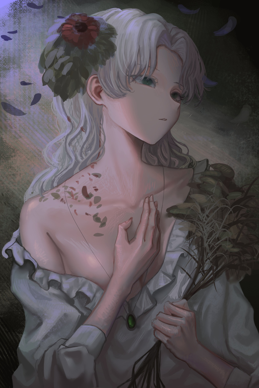 absurdres breasts collarbone dress expressionless falling_petals flower forehead frilled_dress frills gem green_eyes green_gemstone hair_flower hair_ornament hand_on_own_chest highres holding holding_plant jewelry kyano_(kyanora3141) long_hair long_sleeves off_shoulder original parted_bangs pendant petals plant red_flower small_breasts wavy_hair white_dress white_hair