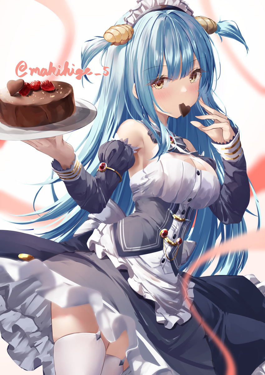 1girl absurdres apron azur_lane bare_shoulders blue_dress blue_hair blush breasts cake candy chocolate chocolate_cake cleavage commentary_request corset detached_collar detached_sleeves dress food food_in_mouth frilled_apron frilled_dress frills garter_straps hair_between_eyes hands_up heart heart-shaped_chocolate highres holding holding_tray long_hair maid_headdress makihige medium_breasts mouth_hold neptune_(azur_lane) shell_hair_ornament signature skindentation solo thighhighs thighs tray upskirt valentine very_long_hair waist_apron yellow_eyes