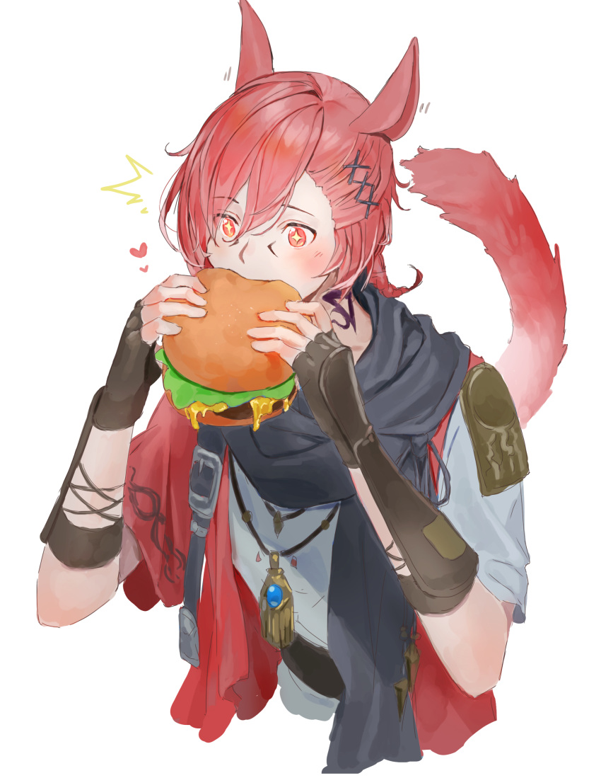 +_+ 1boy ^^^ absurdres animal_ears black_gloves black_scarf burger cat_ears cat_tail final_fantasy final_fantasy_xiv food foodgasm g'raha_tia gloves grey_shirt hair_ornament hairclip heart highres holding jewelry lumeru_33 male_focus miqo'te necklace red_eyes red_hair scarf shirt simple_background solo tail upper_body white_background wide-eyed x_hair_ornament