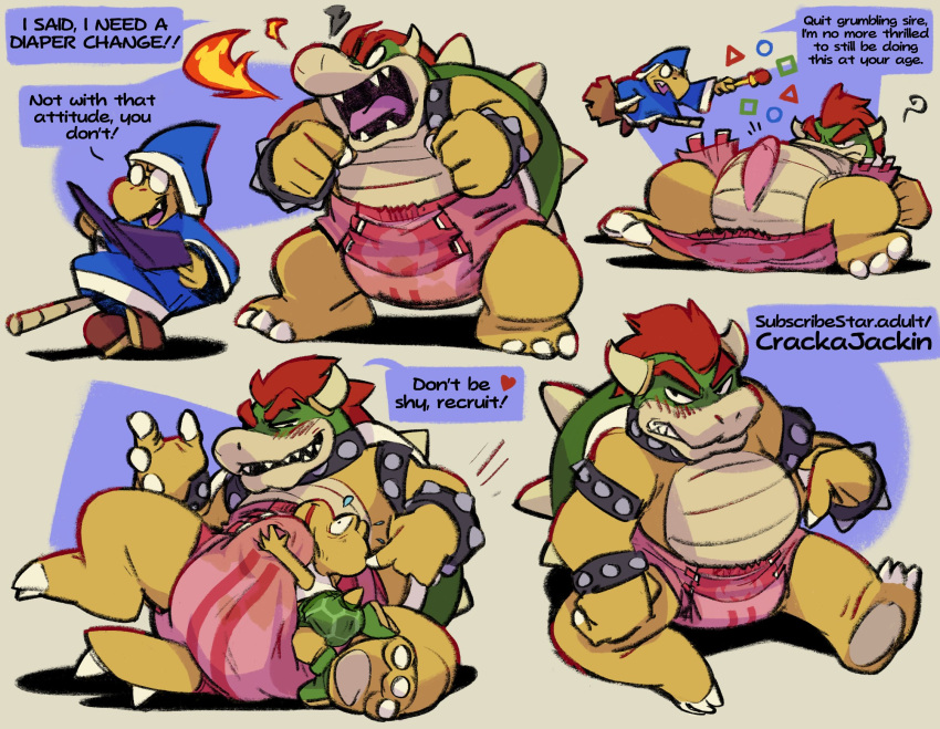 angry anthro blood blush bodily_fluids bowser breath_powers clothing crackajackin dialogue diaper diaper_change duo elemental_manipulation english_text erection fire fire_breathing fire_manipulation genital_fluids genitals handjob handjob_through_clothing hi_res kamek koopa koopa_troopa lying magic magic_user magic_wand male mario_bros nintendo nosebleed on_back penile penis pink_diaper scalie sex sitting size_difference smoke_from_nose solo_in_panel speech_bubble standing talking_to_another text underwear urine wetting